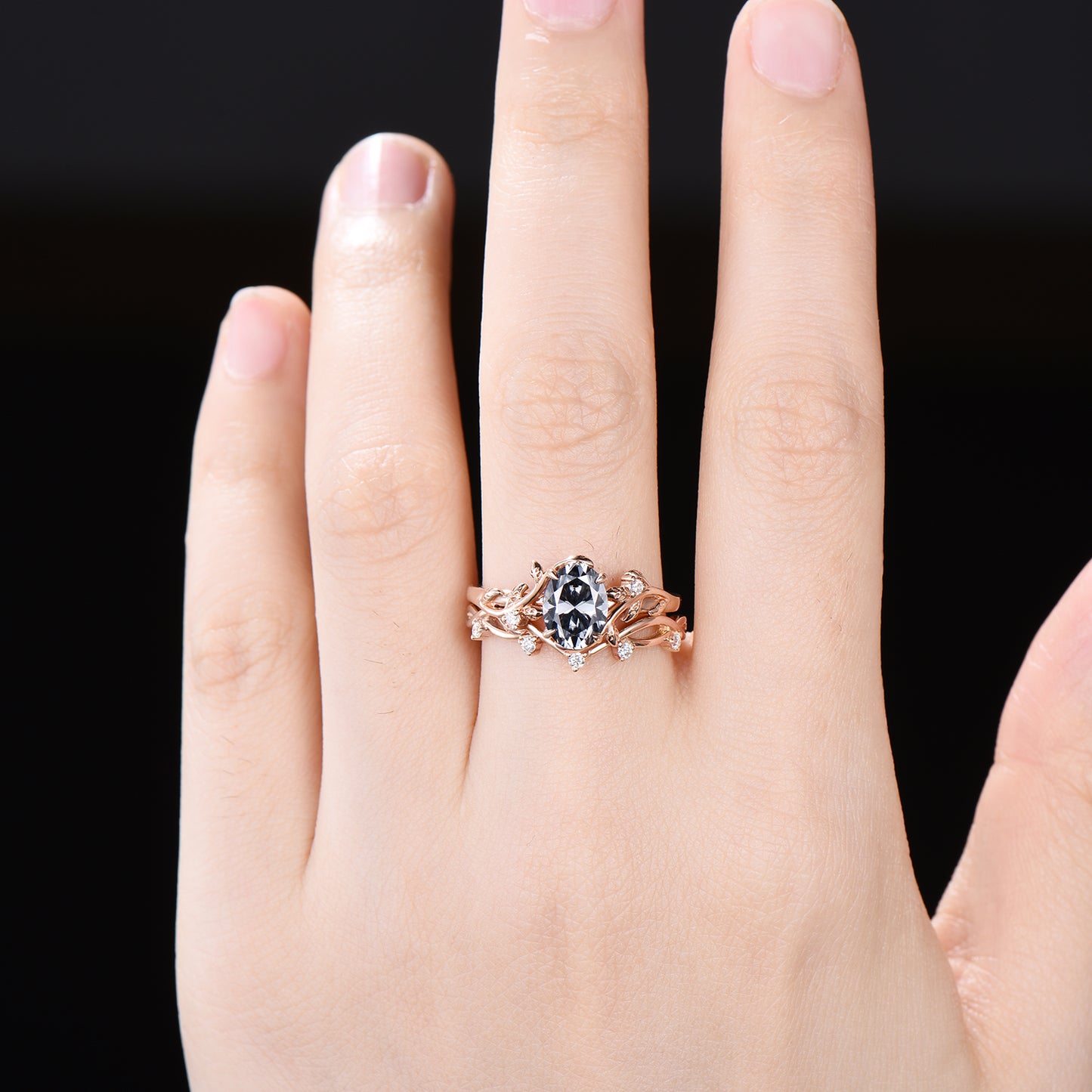 1.5CT Oval Gray Moissanite Wedding Set Leaf Vine Moissanite Engagement Ring Art Deco Stacking Band