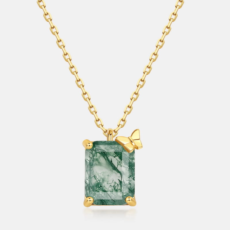 Emerald Cut Moss Agate Butterfly Necklace - 7x9mm Natural Gemstone Pendant