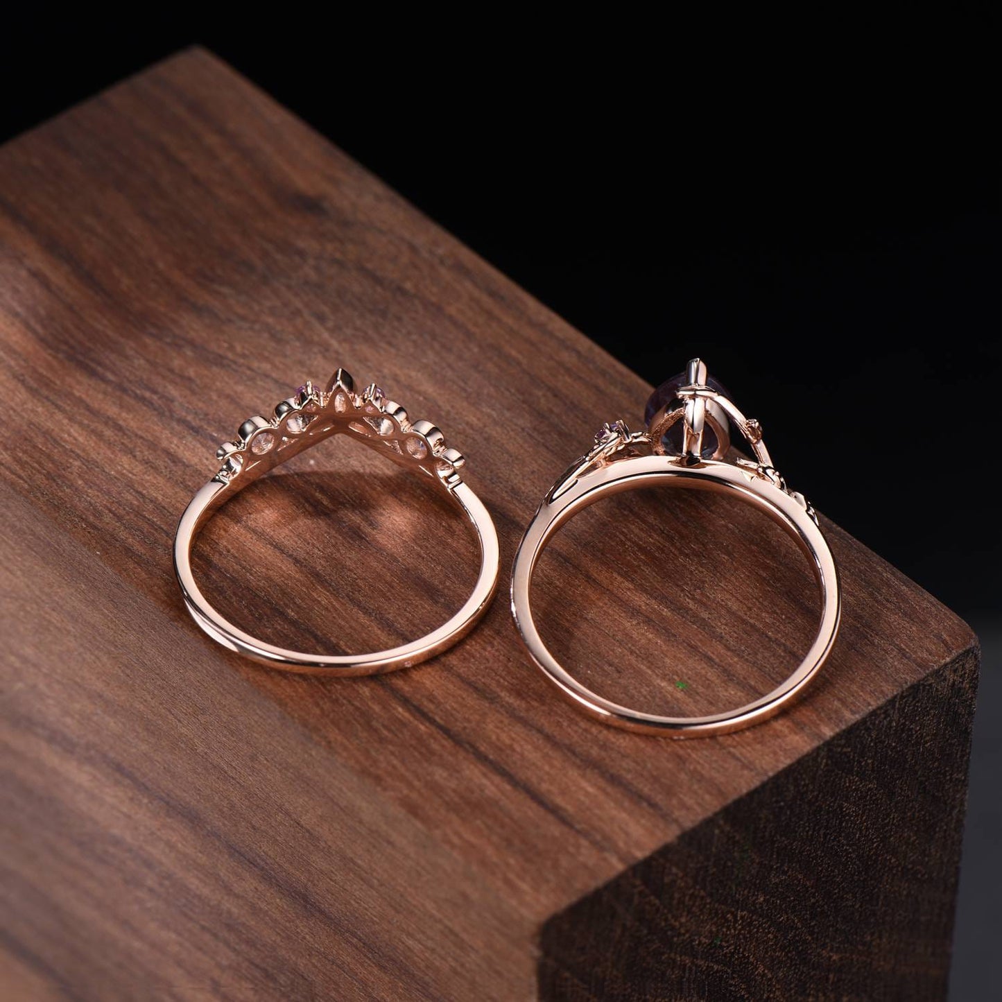 Nature Inspired Pear Alexandrite Bridal Set | Rose Gold Branch Engagement Ring with Opal & Amethyst Crown Band