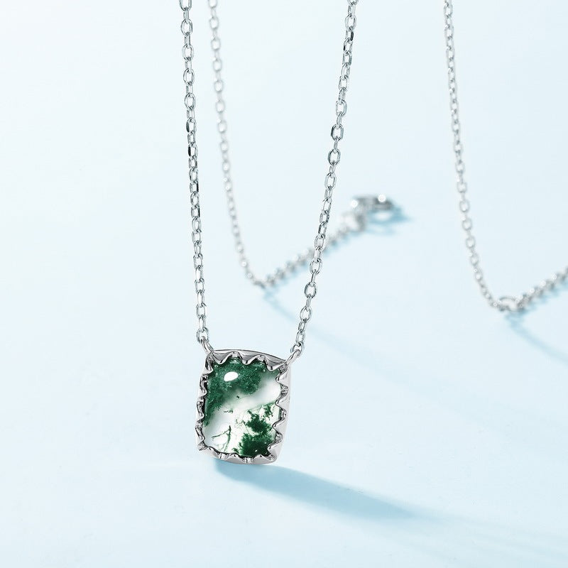 Secret Garden 7x9mm Emerald Cut Moss Agate Pendant Necklace