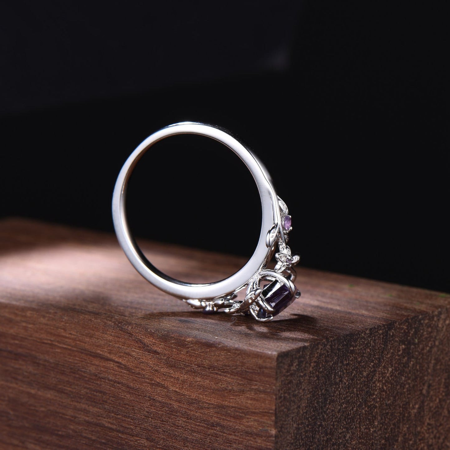 Nature-Inspired Kite Cut Alexandrite Engagement Ring | Floral Vine White Gold Ring with Amethyst Accents