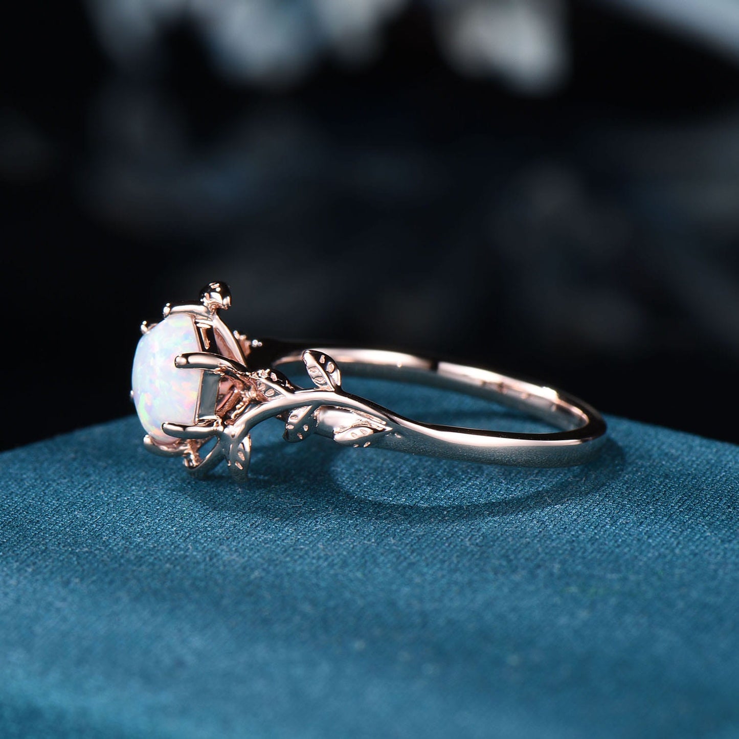 Vintage Hexagon Opal Ring, Rose Gold Vine and Leaf Branch Ring