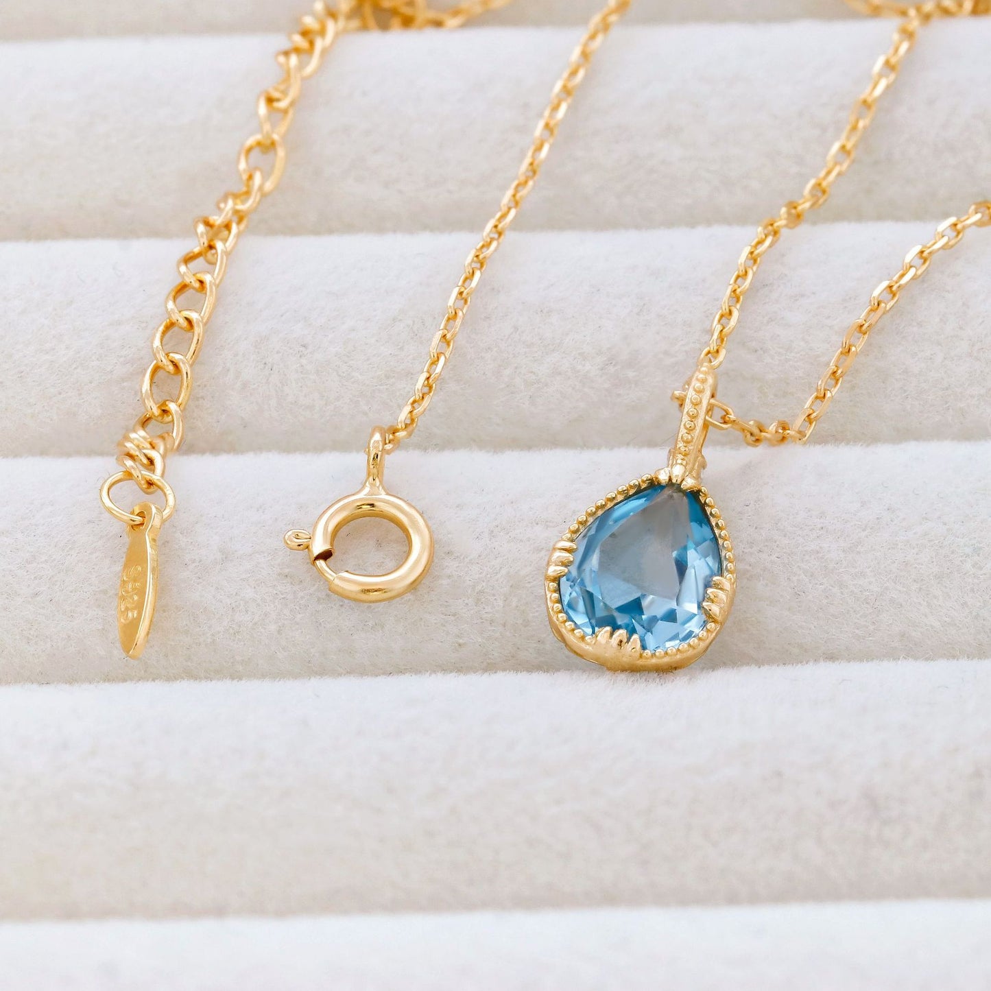 Vintage-Inspired Water Drop Blue Topaz Necklace | Dainty Scalloped Edge Pendant