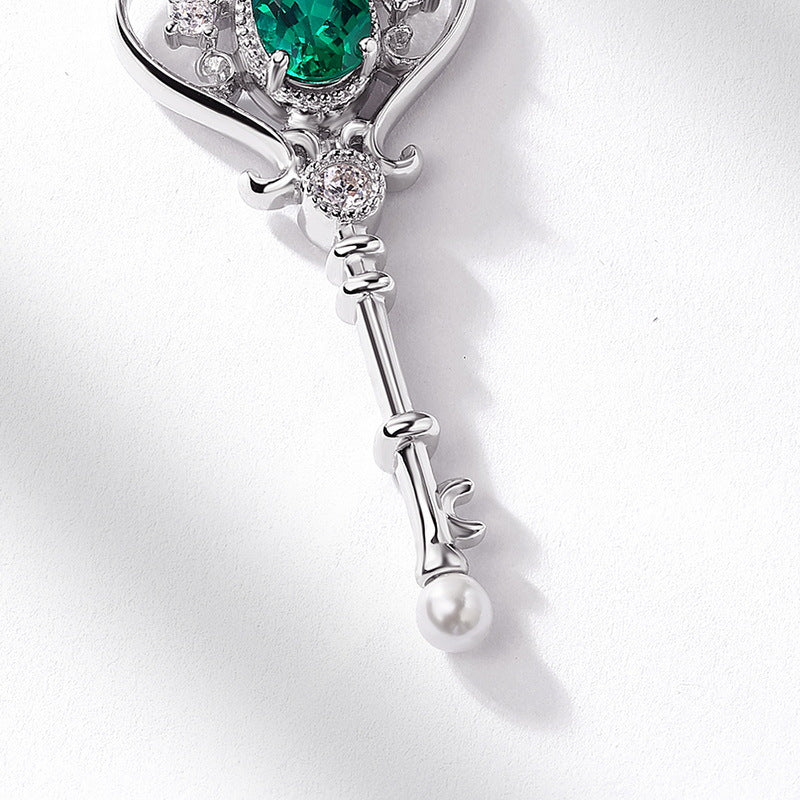 Vintage Style Oval Emerald Necklace Filigree Emerald Key Pendant with Pearl