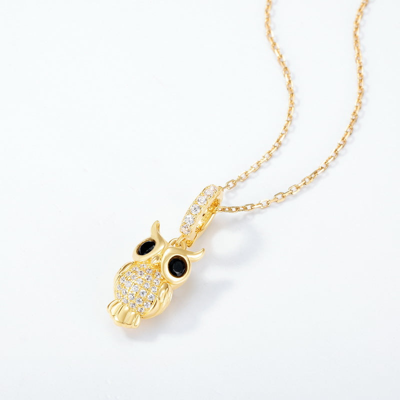 14K Gold Plated Owl Pendant, S925 Sterling Silver Elegant Black Spinel Charm
