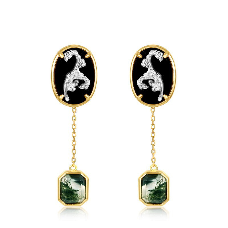 Victorian Vintage Black Onyx & Moss Agate Dangle Earrings