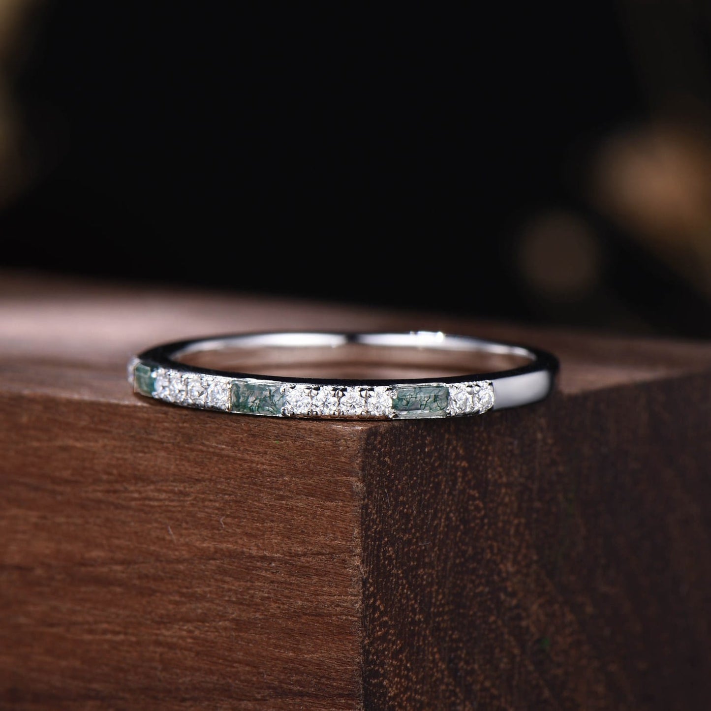 Minimalist Moss Agate Half Eternity Band | White Gold Baguette Vintage Matching Ring