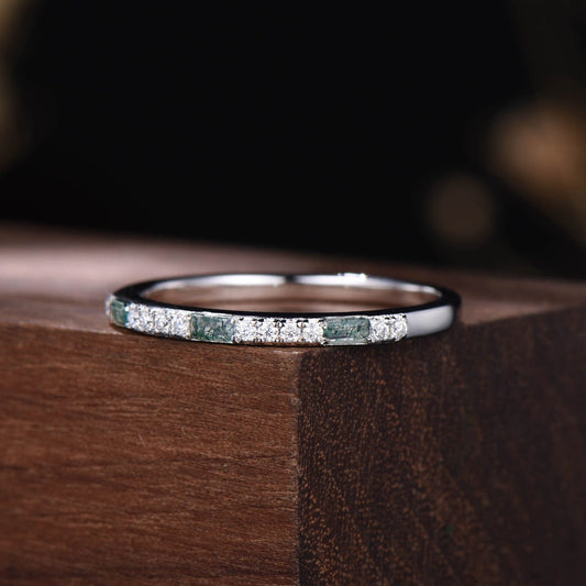 Minimalist Moss Agate Half Eternity Band | White Gold Baguette Vintage Matching Ring