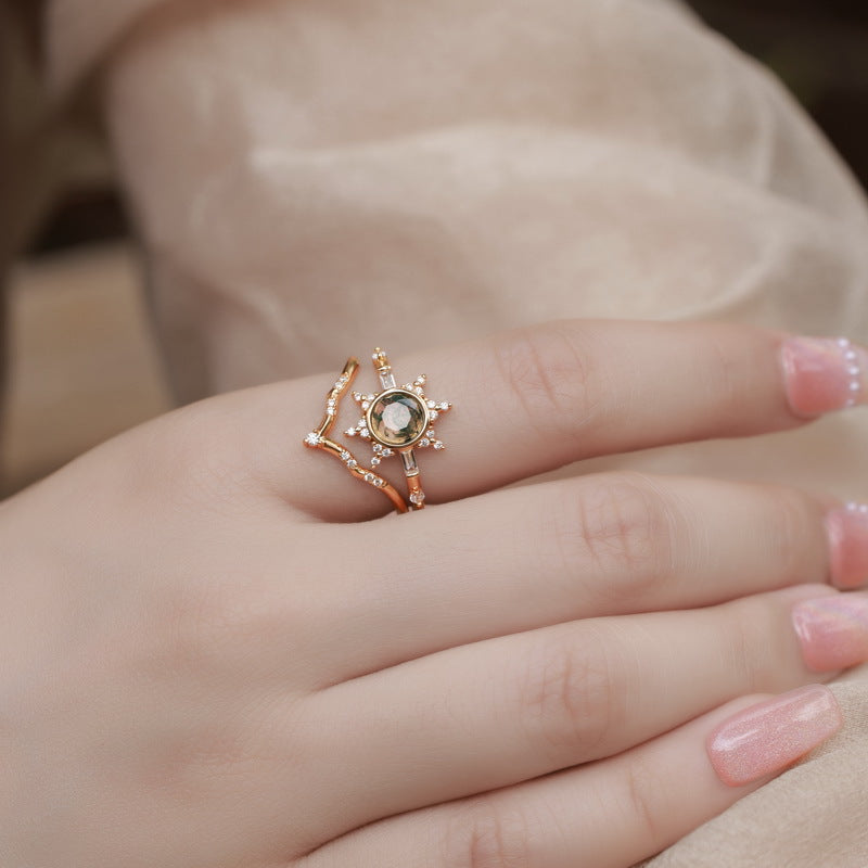 Celestial Sunburst Round Moss Agate Engagement Ring Sun Ring with Nesting Band Unique Bridal Wedding Set