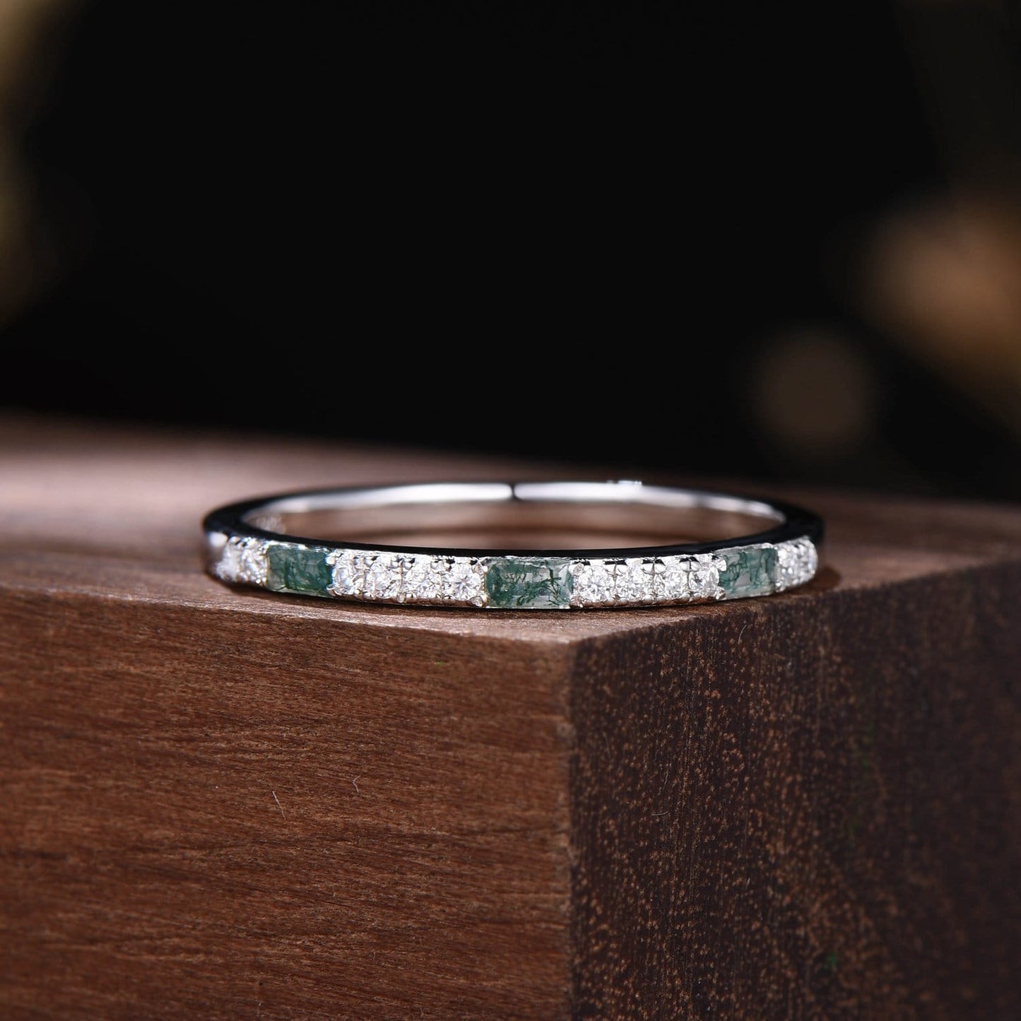 Minimalist Moss Agate Half Eternity Band | White Gold Baguette Vintage Matching Ring