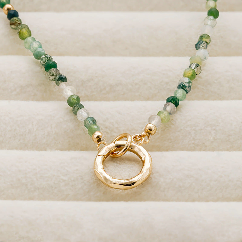 Natural Moss Agate Beaded Necklace with Vintage Gold Front Clasp