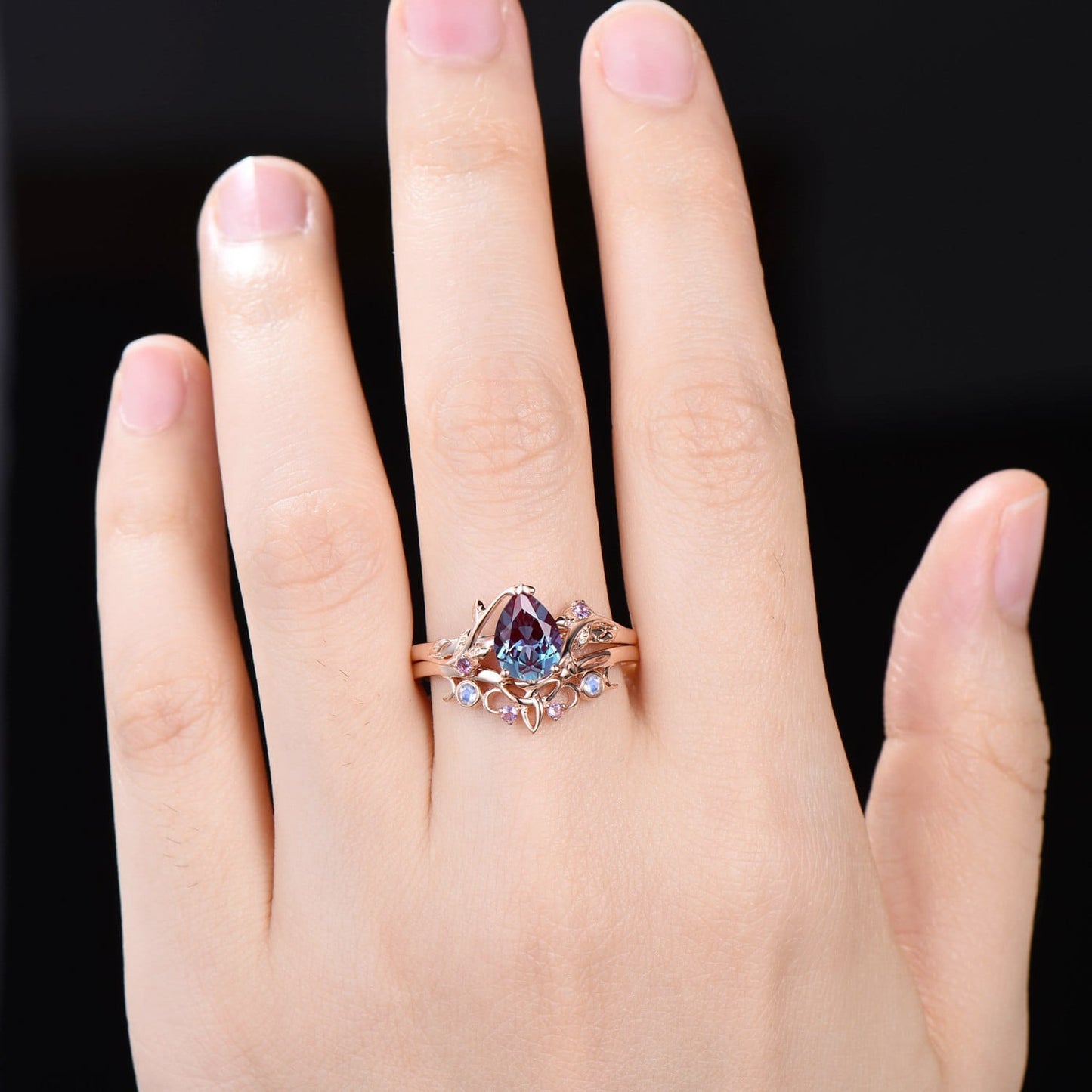 Nature Inspired Pear Alexandrite Bridal Set | Rose Gold Branch Engagement Ring with Opal & Amethyst Crown Band