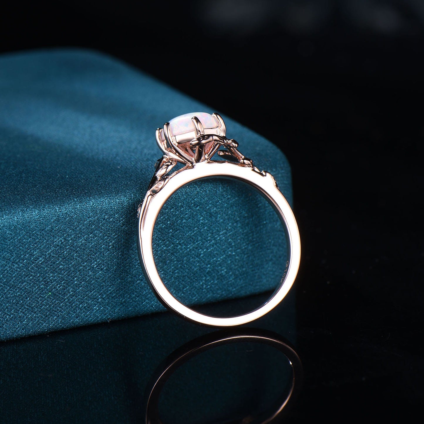 Vintage Hexagon Opal Ring, Rose Gold Vine and Leaf Branch Ring