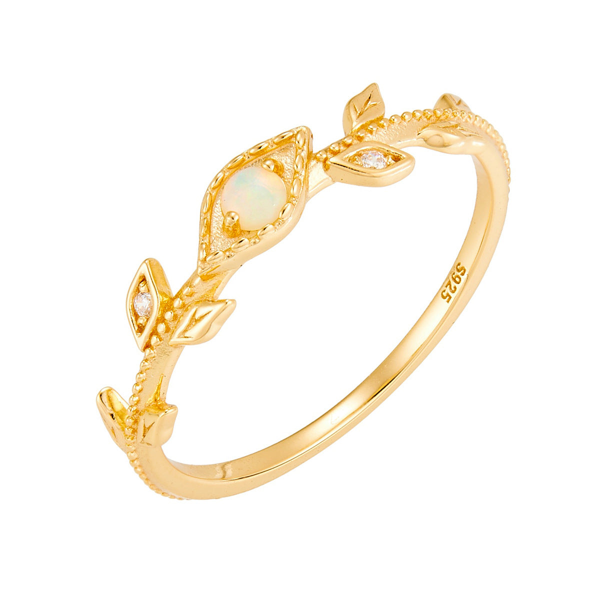 Dainty Opal Leaf Vine Wedding Ring, Nature Inspired Stackable Ring