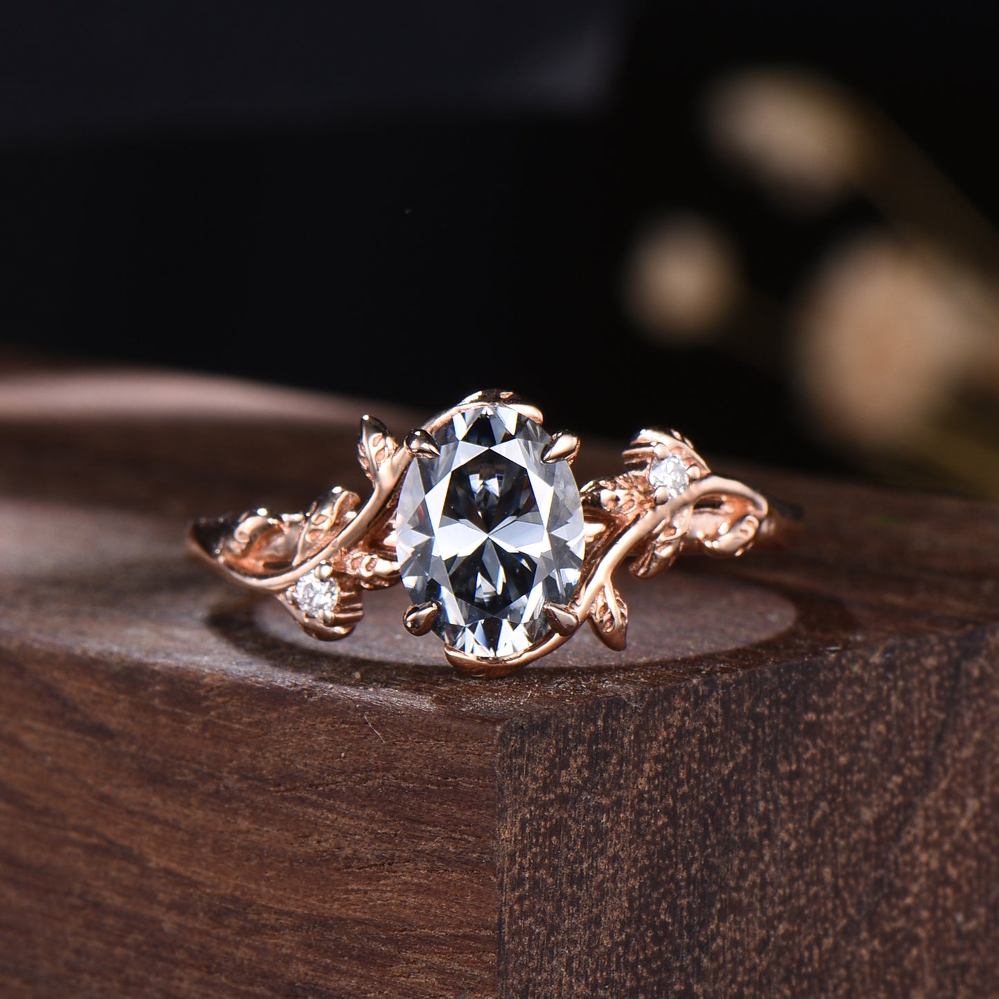 1.5CT Oval Gray Moissanite Wedding Set Leaf Vine Moissanite Engagement Ring Art Deco Stacking Band