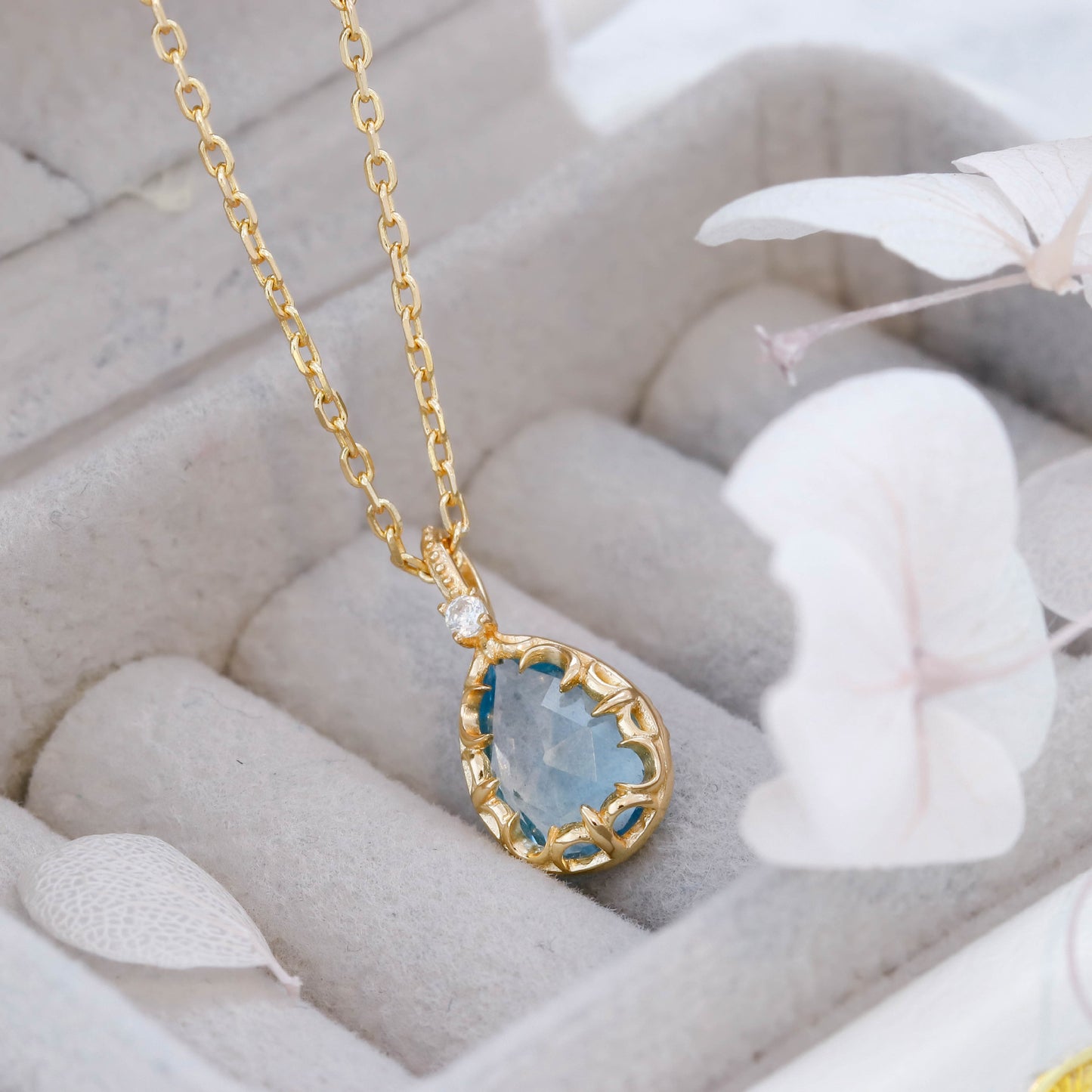 Vintage-Inspired Water Drop Blue Topaz Necklace | Dainty Scalloped Edge Pendant