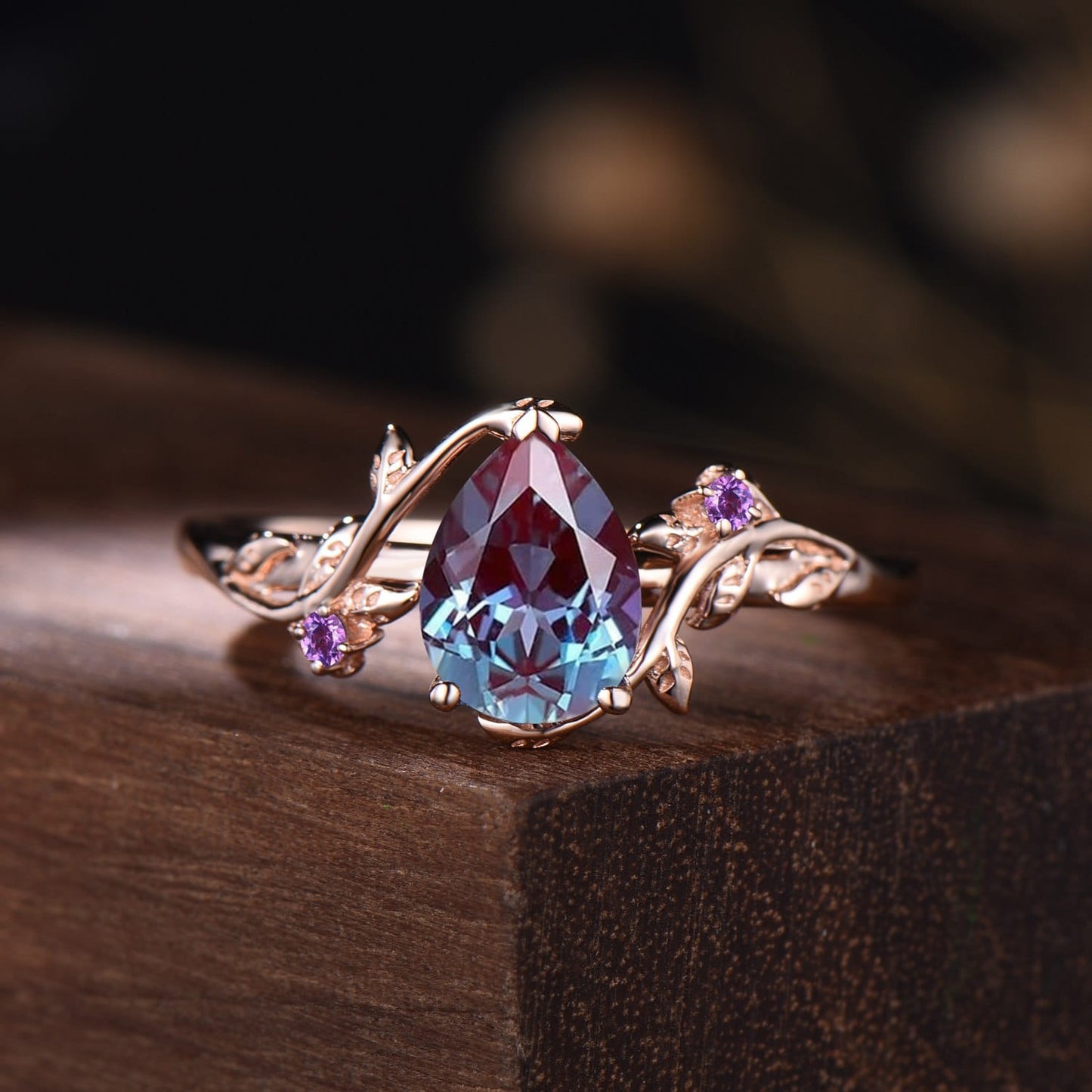 Nature Inspired Pear Alexandrite Bridal Set | Rose Gold Branch Engagement Ring with Opal & Amethyst Crown Band