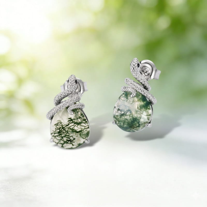 Pear Shaped Moss Agate Snake Stud Earrings
