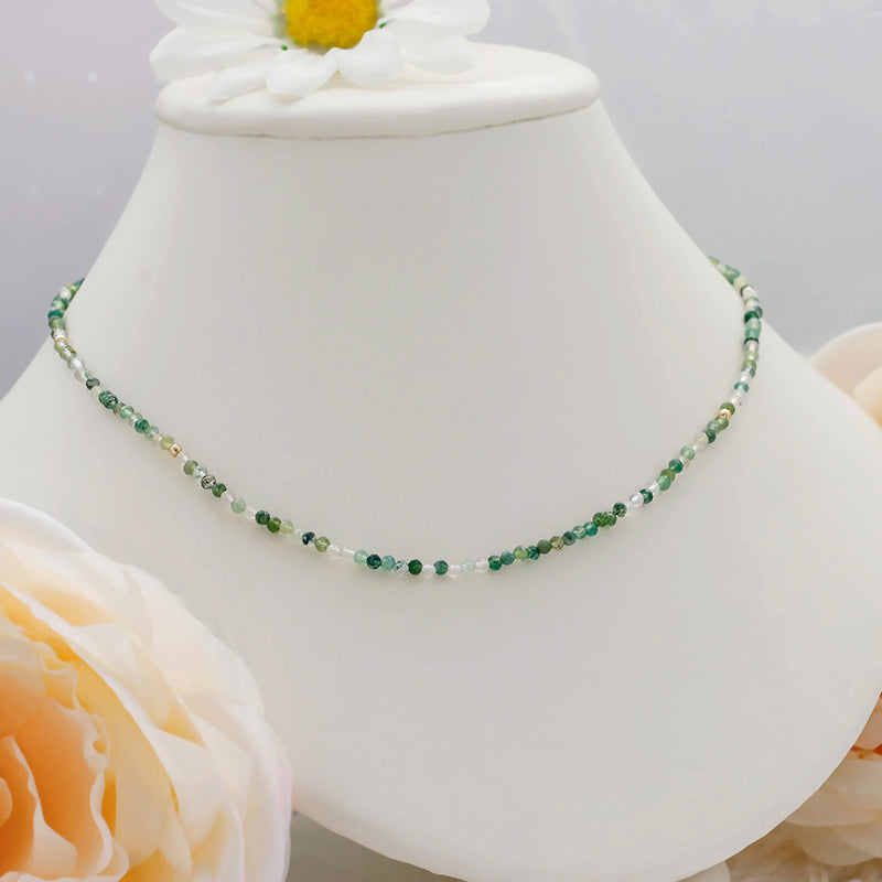 Natural Moss Agate Beaded Necklace with Vintage Gold Front Clasp