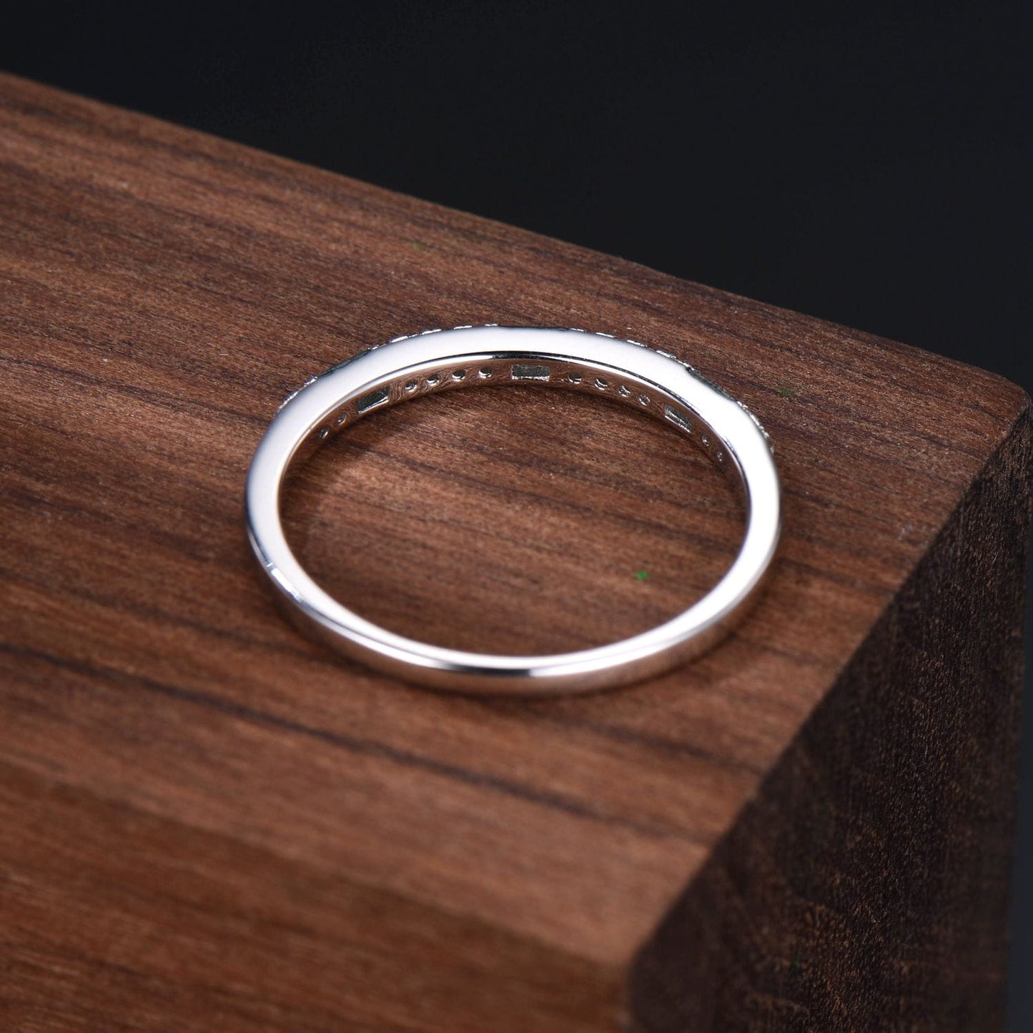 Minimalist Moss Agate Half Eternity Band | White Gold Baguette Vintage Matching Ring