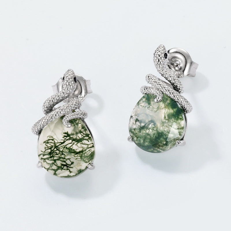 Pear Shaped Moss Agate Snake Stud Earrings