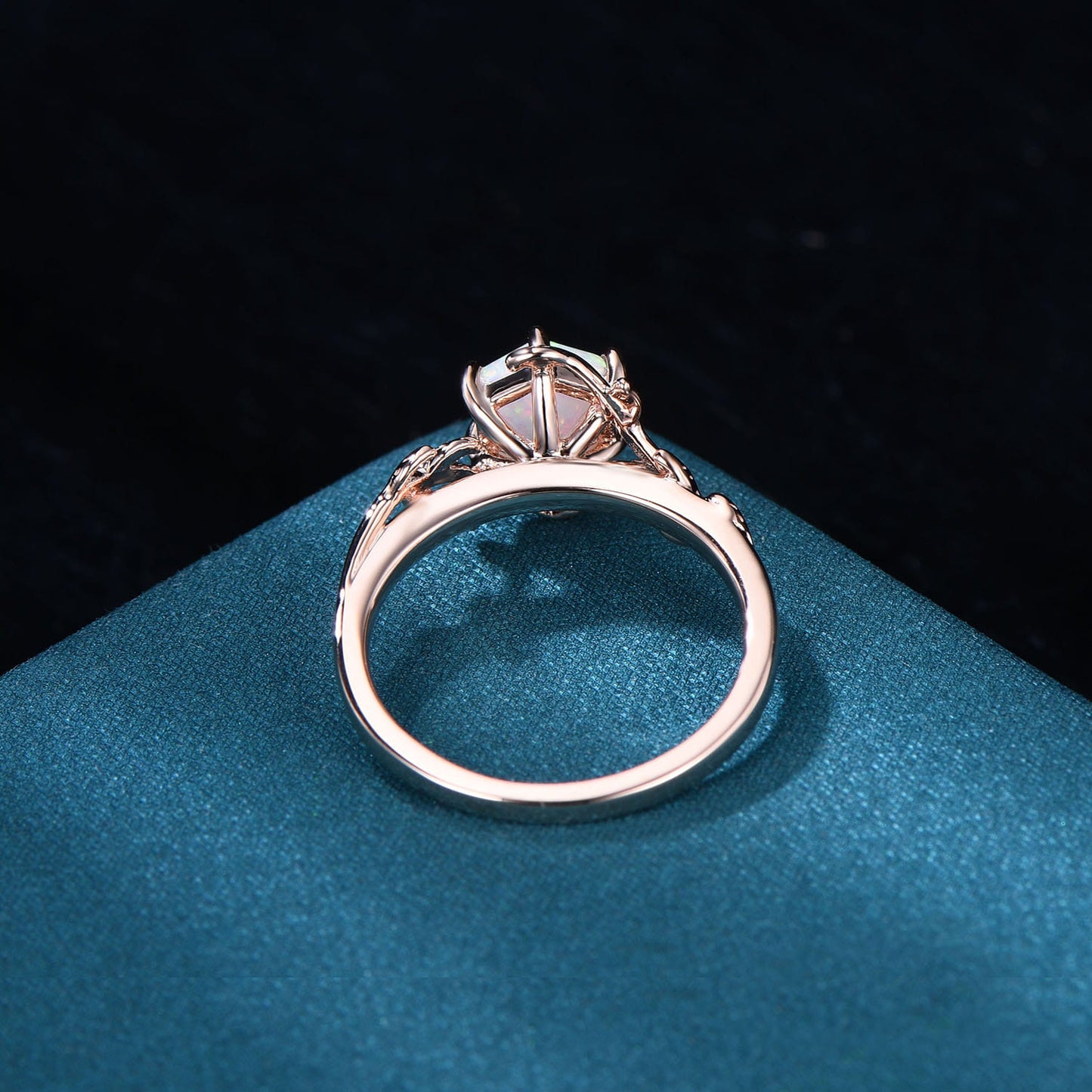 Vintage Hexagon Opal Ring, Rose Gold Vine and Leaf Branch Ring