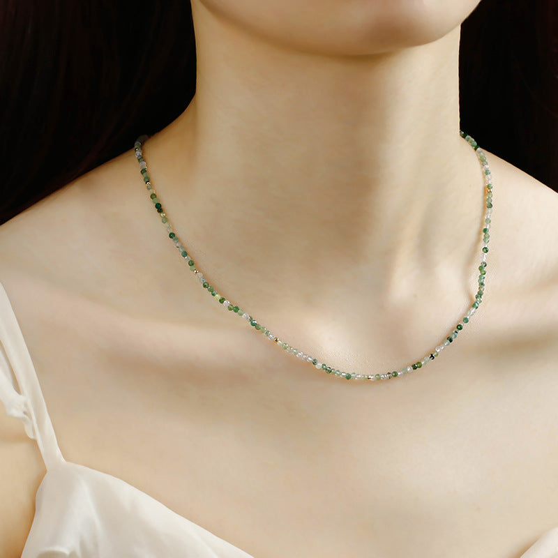 Natural Moss Agate Beaded Necklace with Vintage Gold Front Clasp