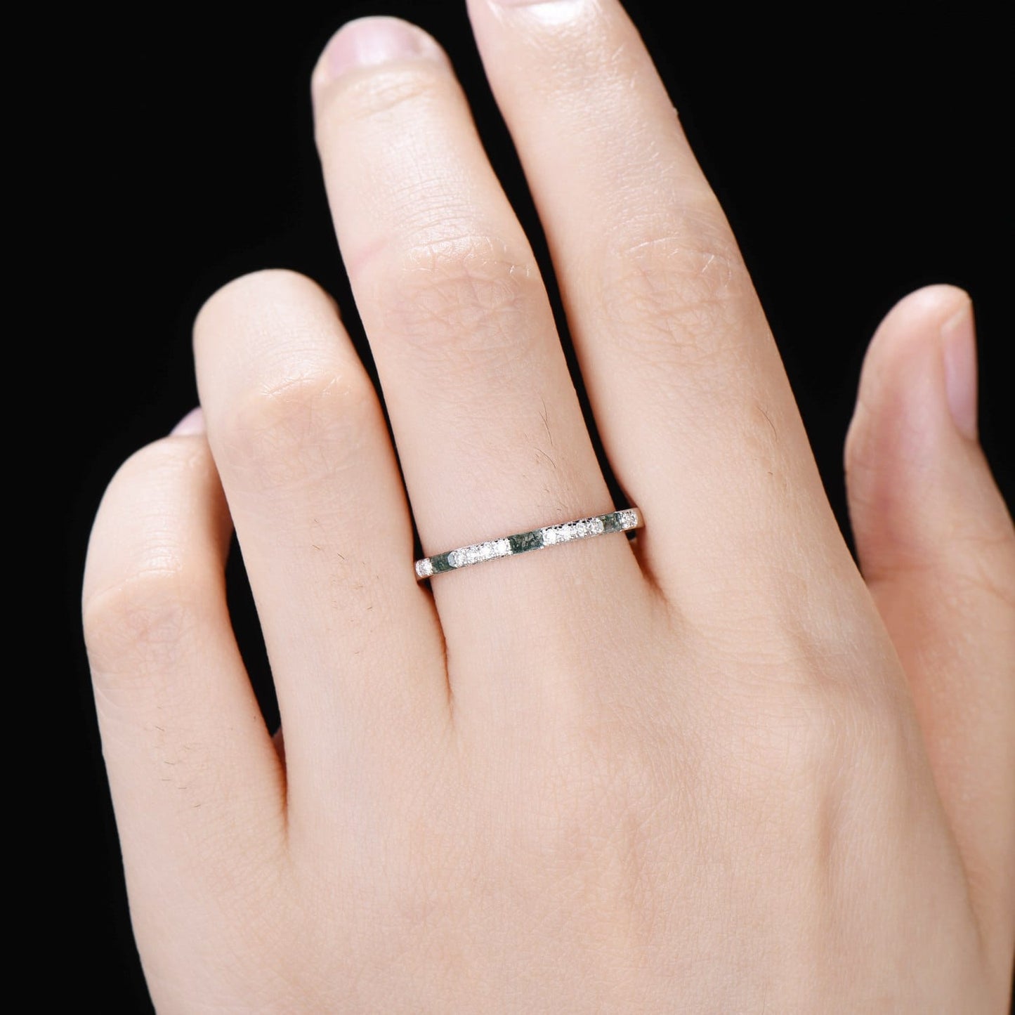 Minimalist Moss Agate Half Eternity Band | White Gold Baguette Vintage Matching Ring