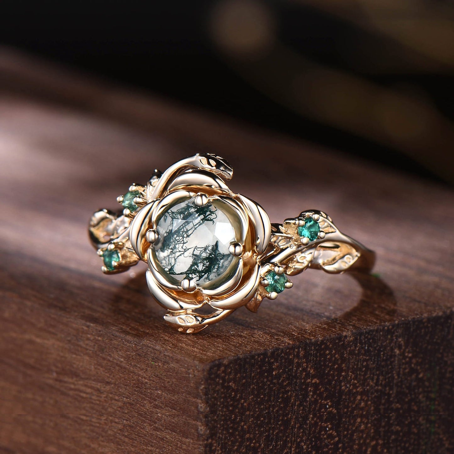 Floral Natural Moss Agate Engagement Ring Rose Gold Nature Inspired Flower Snake Ring