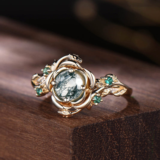 Floral Natural Moss Agate Engagement Ring Rose Gold Nature Inspired Flower Snake Ring