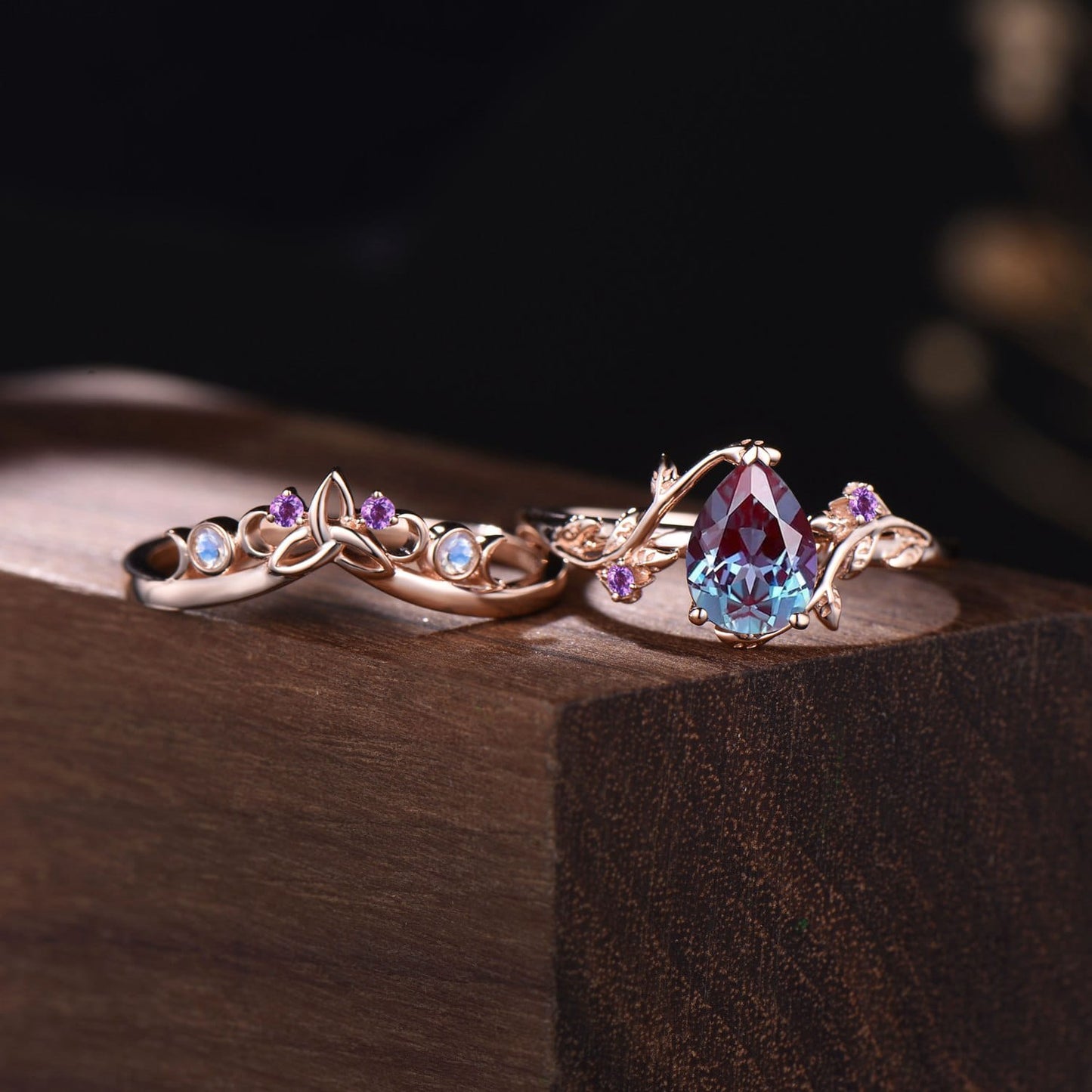 Nature Inspired Pear Alexandrite Bridal Set | Rose Gold Branch Engagement Ring with Opal & Amethyst Crown Band
