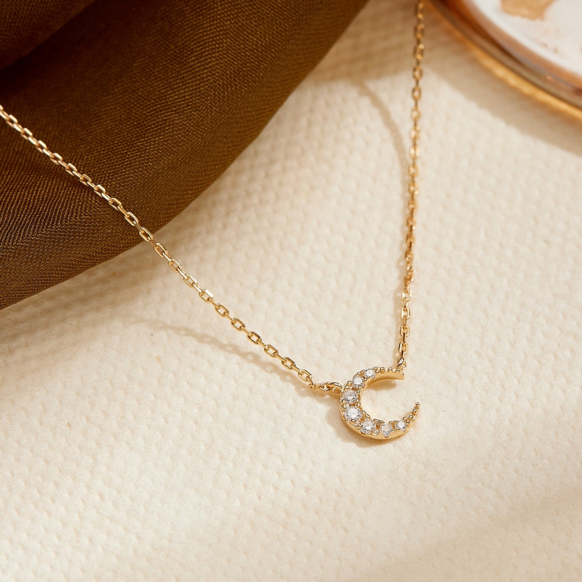 Dainty Pavé Crescent Moon Moissanite Pendant Necklace