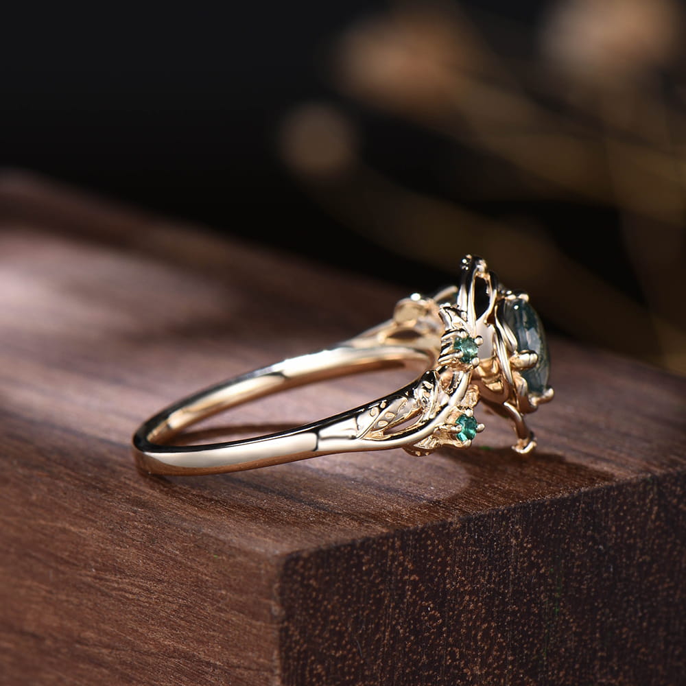 Floral Natural Moss Agate Engagement Ring Rose Gold Nature Inspired Flower Snake Ring