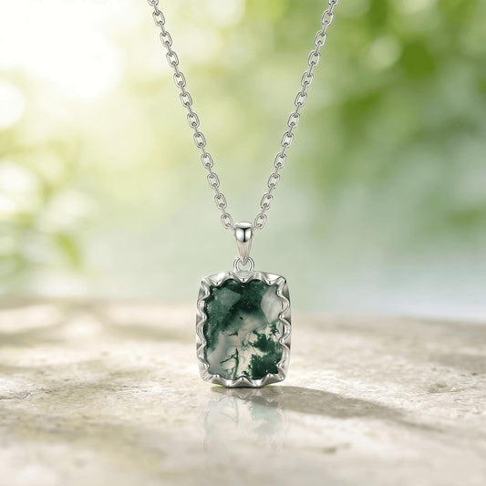 Secret Garden 7x9mm Emerald Cut Moss Agate Pendant Necklace