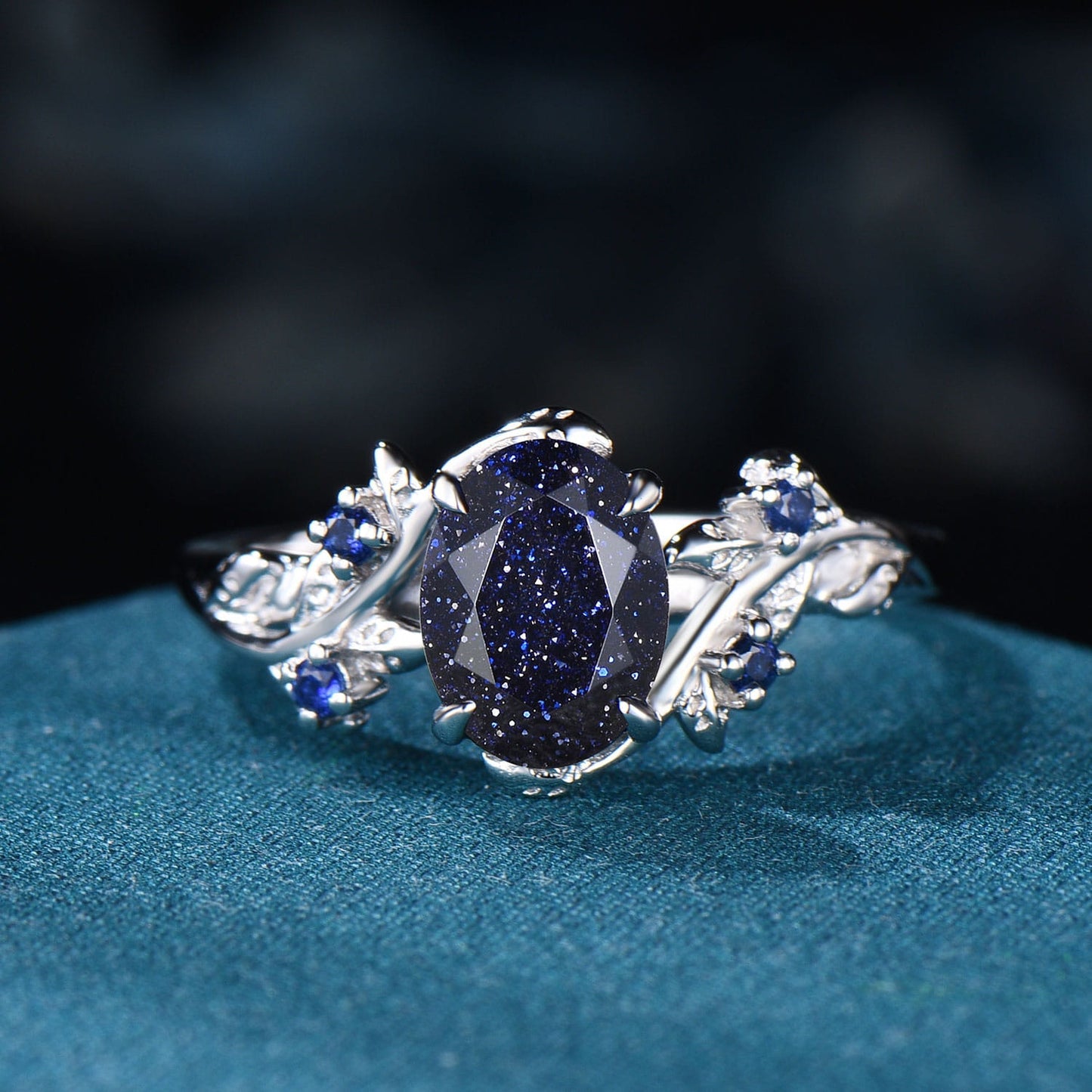 Vintage Oval Blue Sandstone Engagement Ring Set • Nature Inspired Twig Leaf Wedding Band • Gothic Celestial Bridal Set