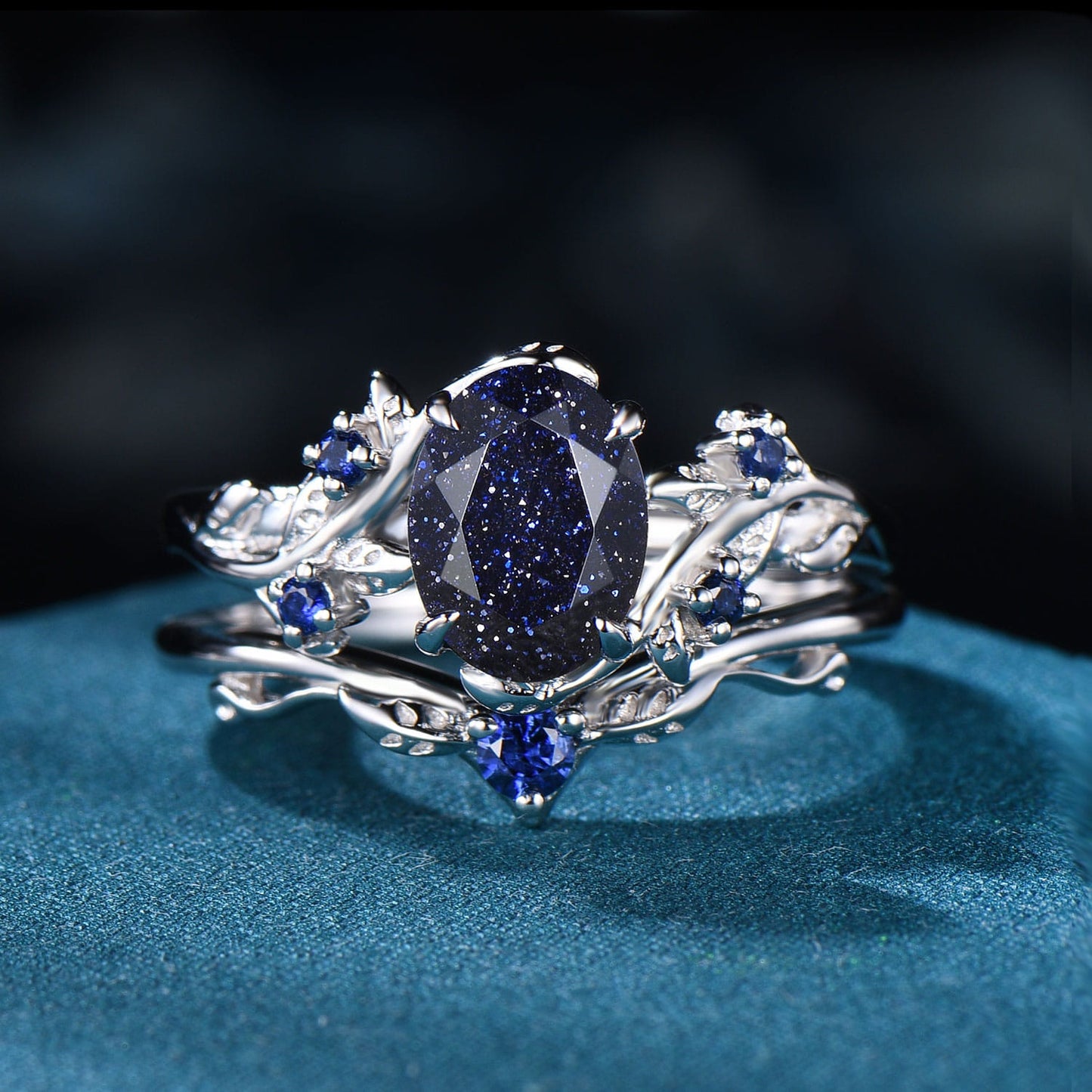 Vintage Oval Blue Sandstone Engagement Ring Set • Nature Inspired Twig Leaf Wedding Band • Gothic Celestial Bridal Set