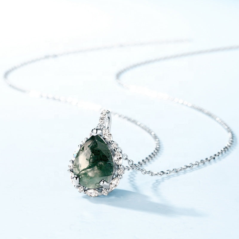Ink-Wash Pear Cut Moss Agate Halo Pendant Necklace