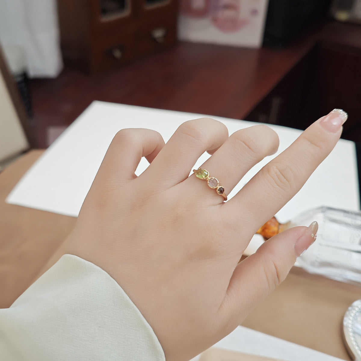 Delicate Wedding Band, Natural Peridot, Labradorite & Smoky Quartz Three-Stone Ring, 14K Gold Vermeil Dainty Jewelry