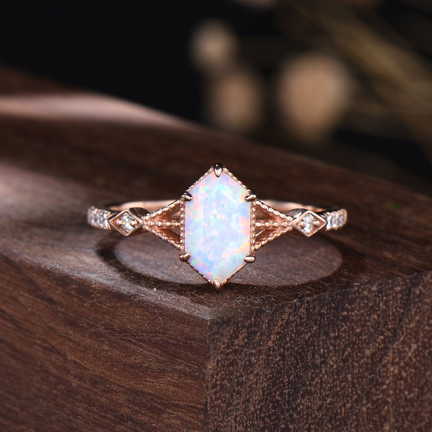 White Opal Bridal Set Hexagon Cut Unique Branch Vine Wedding Ring Set Vintage Fine Jewelry