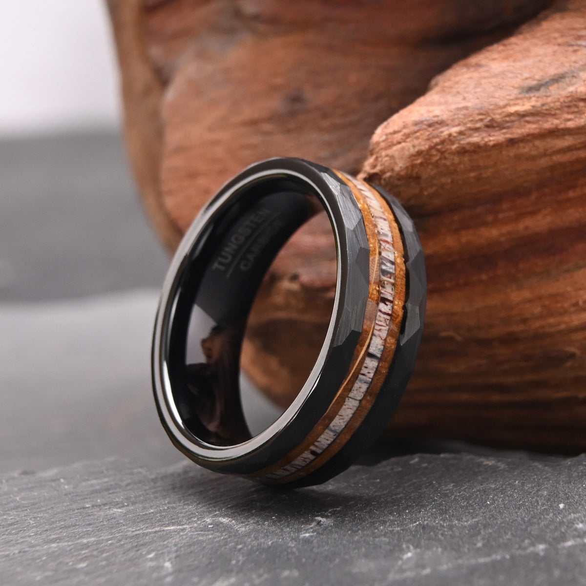 8mm Huntsman Black Faceted Tungsten Ring with Antler & Wood Inlay