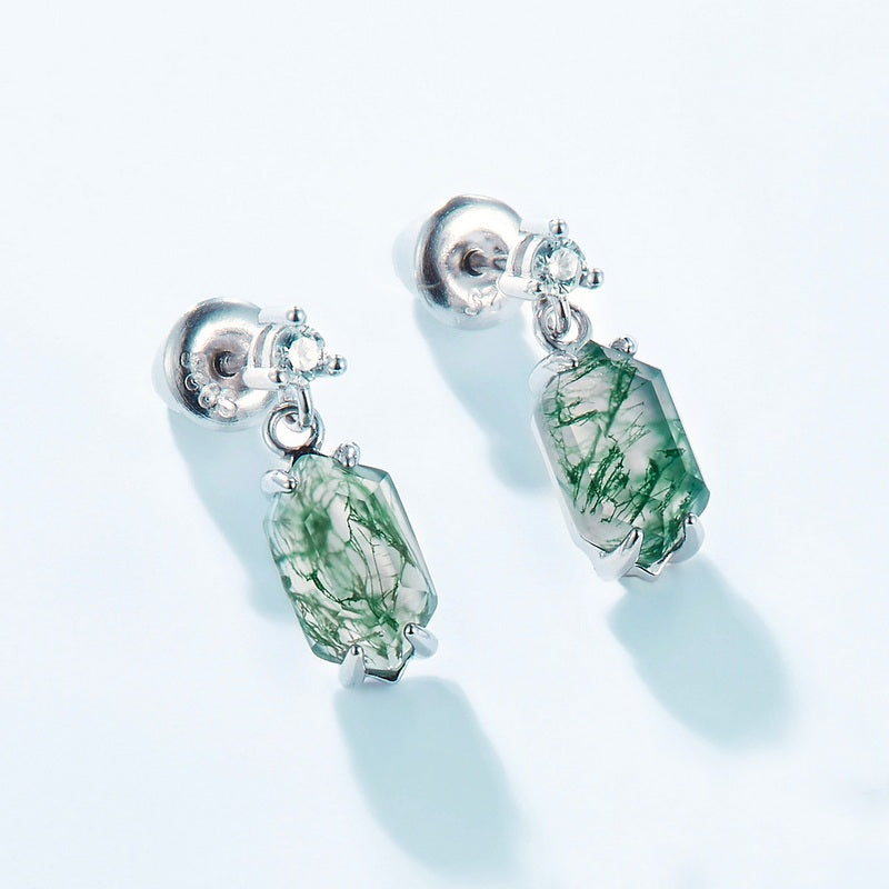 Dainty Moss Agate Earrings - Unique Long Hexagonal Nature Jewelry