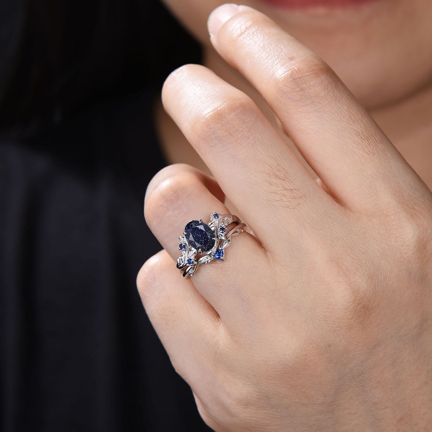 Vintage Oval Blue Sandstone Engagement Ring Set • Nature Inspired Twig Leaf Wedding Band • Gothic Celestial Bridal Set