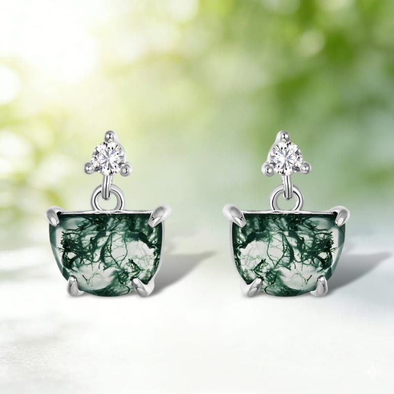 Half Moon Moss Agate Drop Earrings Unique Fan-Shaped Nature Jewelry