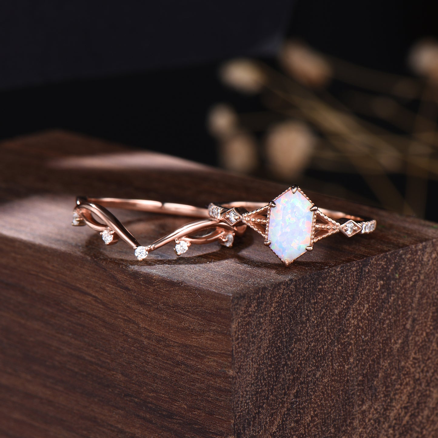 White Opal Bridal Set Hexagon Cut Unique Branch Vine Wedding Ring Set Vintage Fine Jewelry
