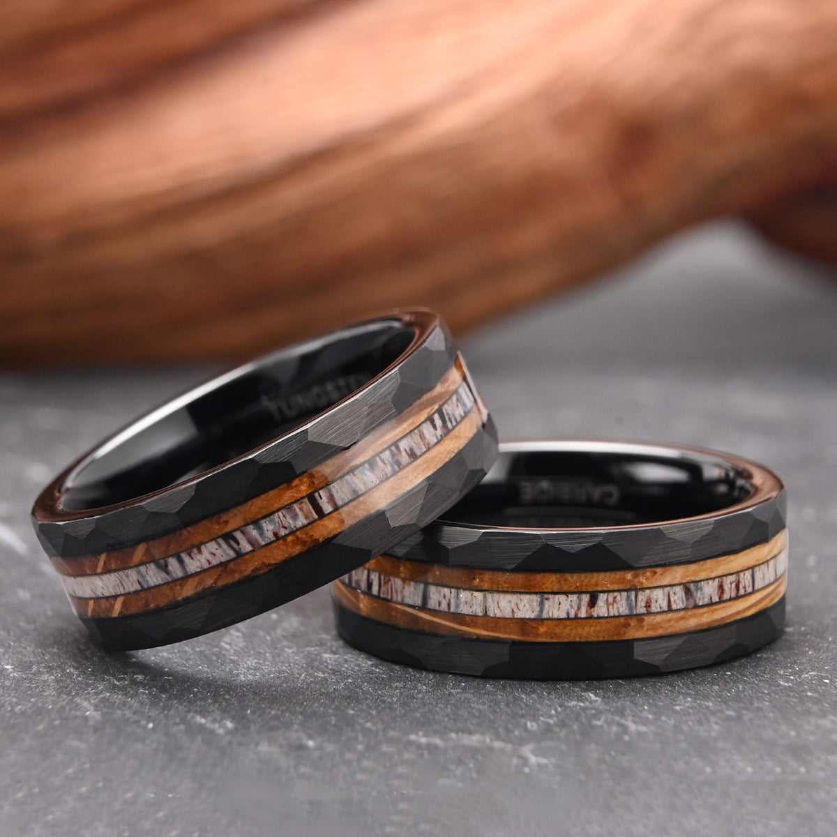 8mm Huntsman Black Faceted Tungsten Ring with Antler & Wood Inlay