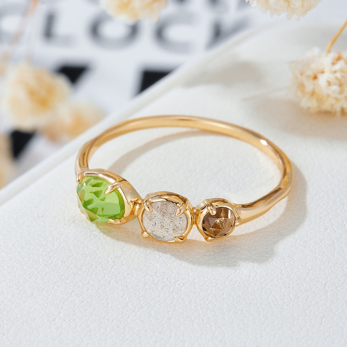 Delicate Wedding Band, Natural Peridot, Labradorite & Smoky Quartz Three-Stone Ring, 14K Gold Vermeil Dainty Jewelry