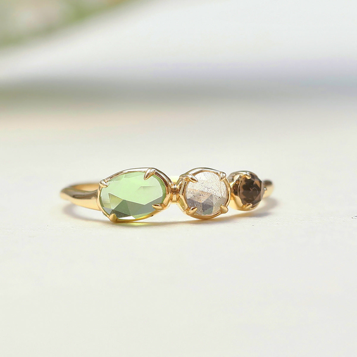 Delicate Wedding Band, Natural Peridot, Labradorite & Smoky Quartz Three-Stone Ring, 14K Gold Vermeil Dainty Jewelry