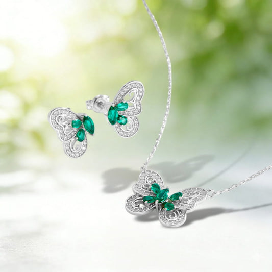 Elegant Silver Emerald Butterfly Necklace and Earring Set May Birthstone