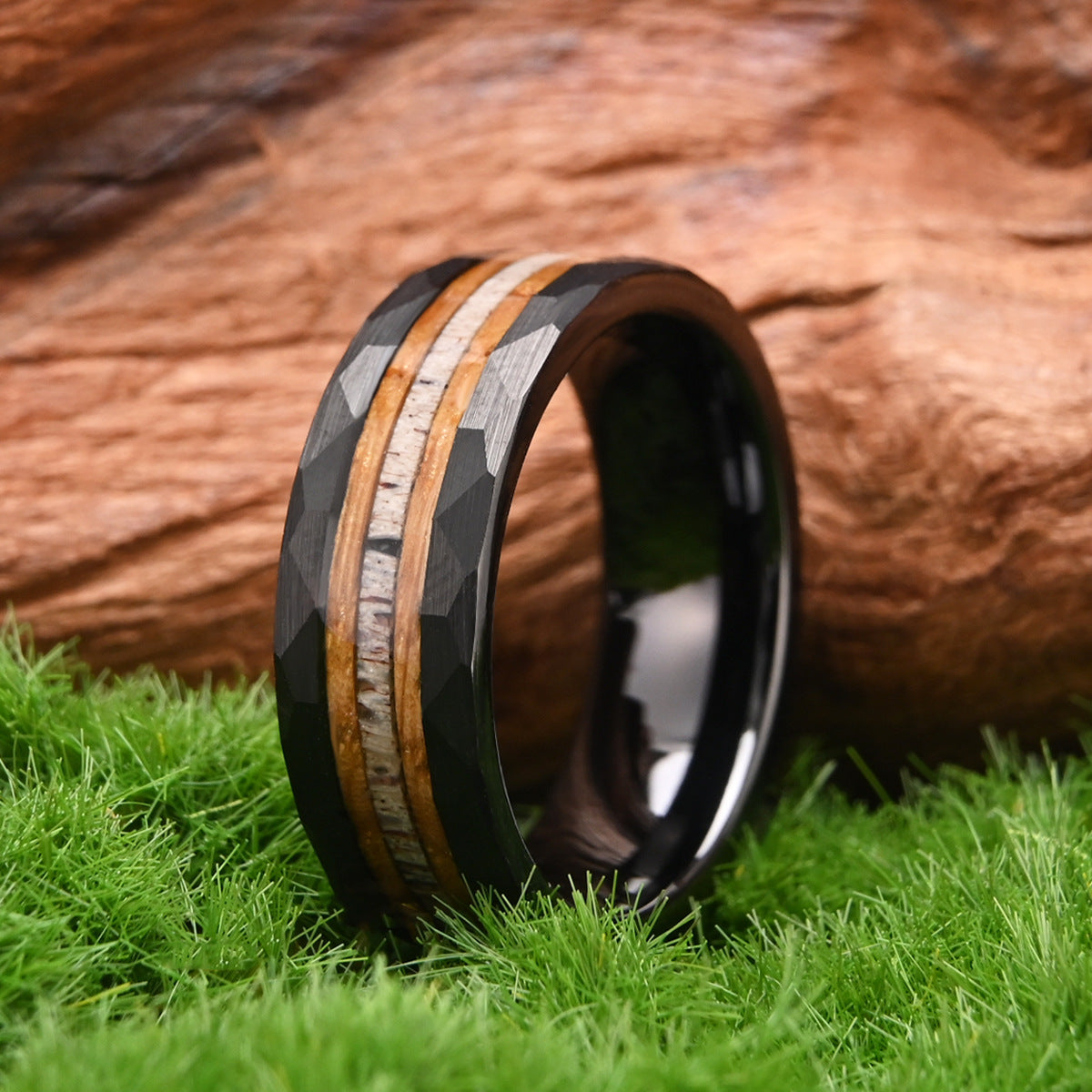 8mm Huntsman Black Faceted Tungsten Ring with Antler & Wood Inlay