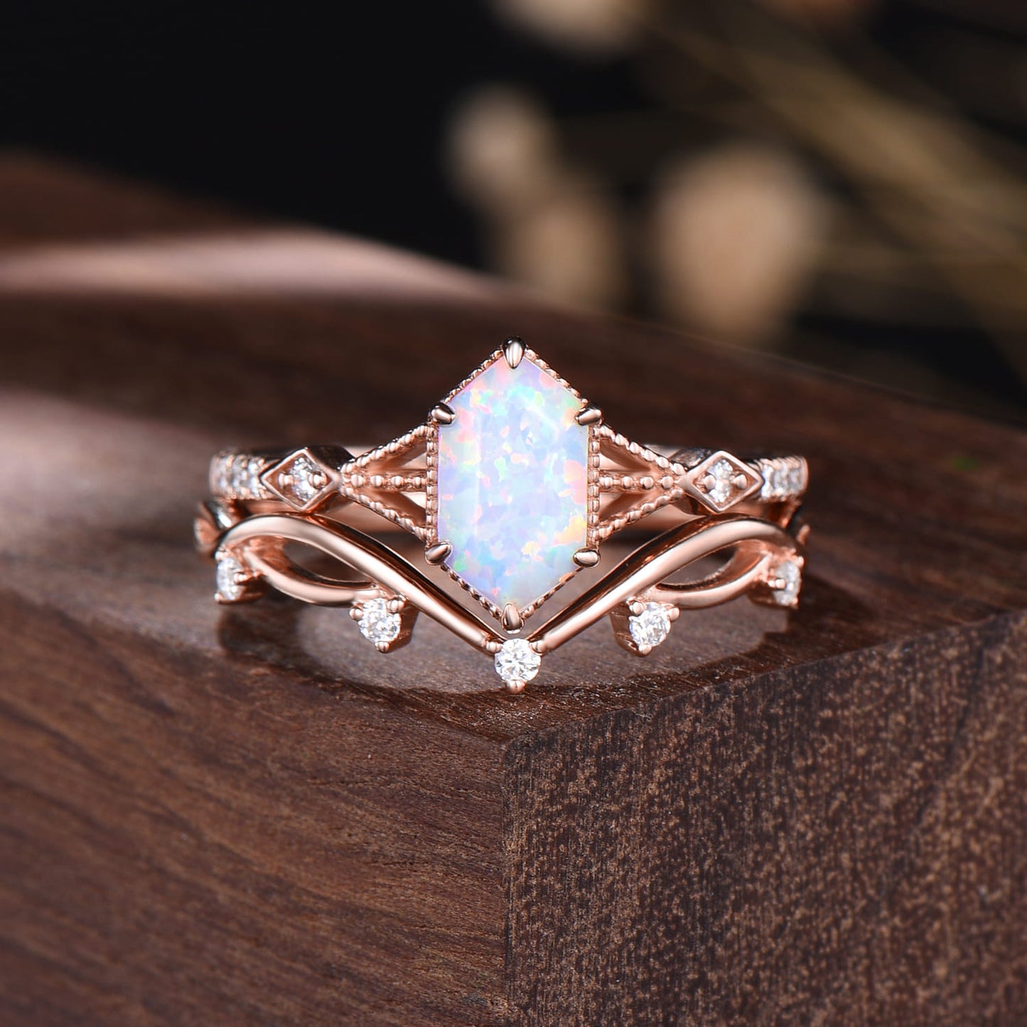 White Opal Bridal Set Hexagon Cut Unique Branch Vine Wedding Ring Set Vintage Fine Jewelry